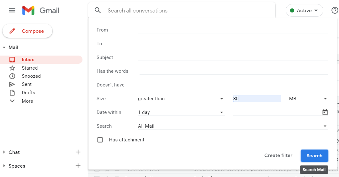 Search for space in Gmail