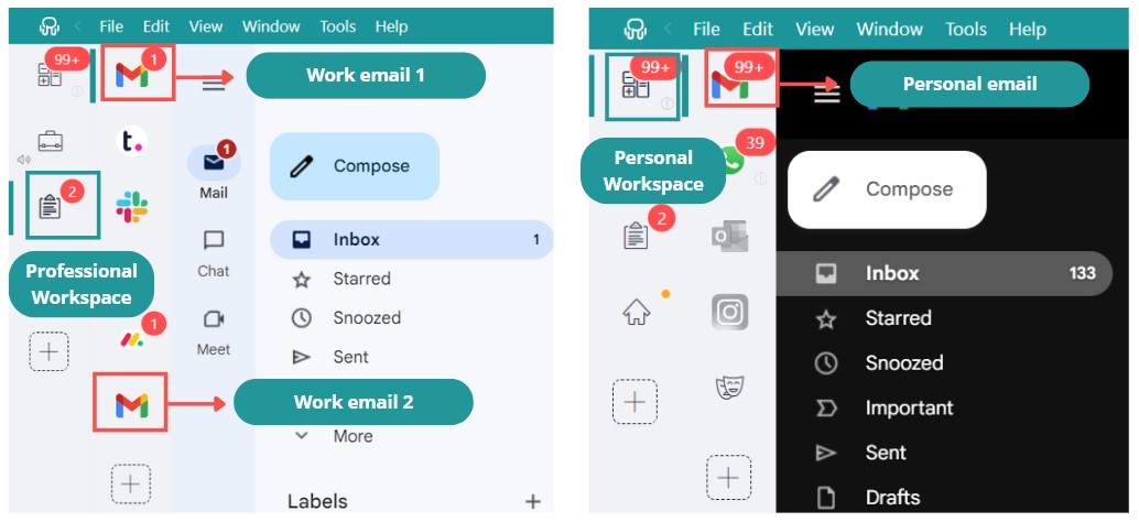 workspaces- gmail desktop app