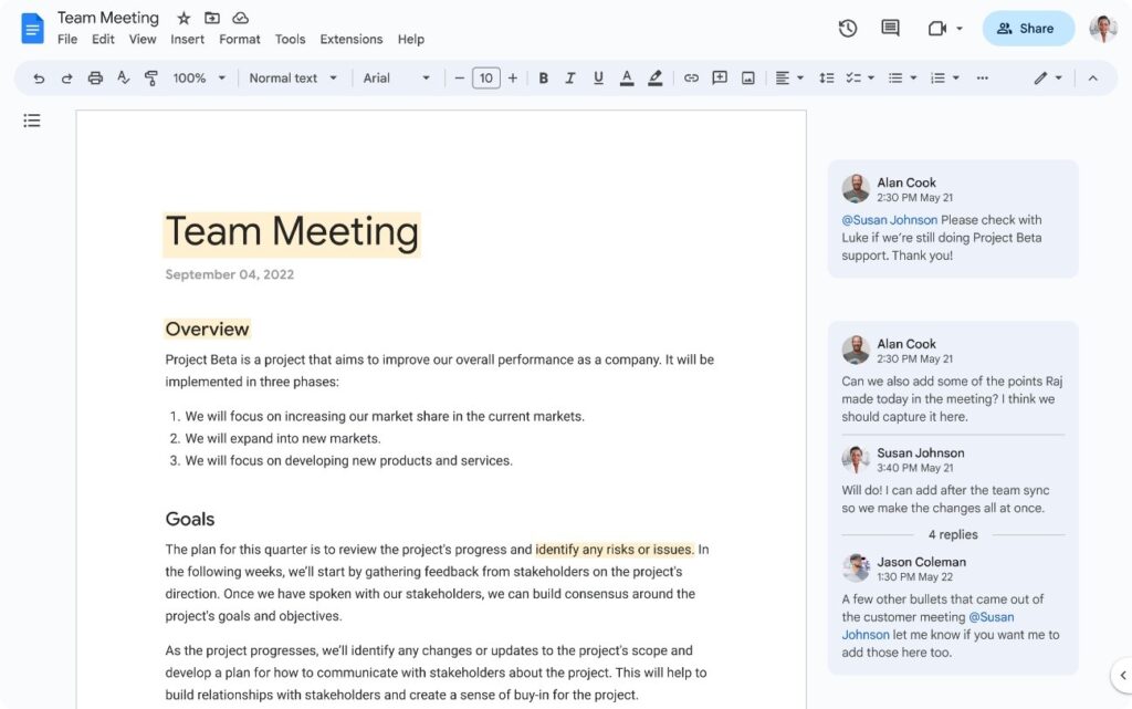 Google docs interface