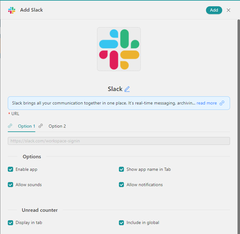 configure new slack Rambox