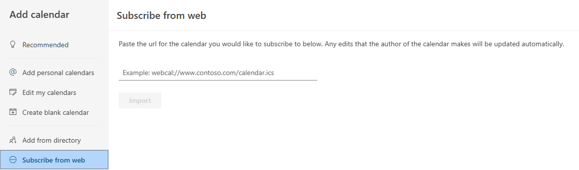 Subscribing Calendar from web to Outlook