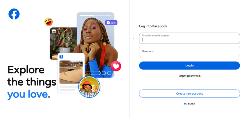 Página de inicio de sesión de Facebook para acceder a Messenger