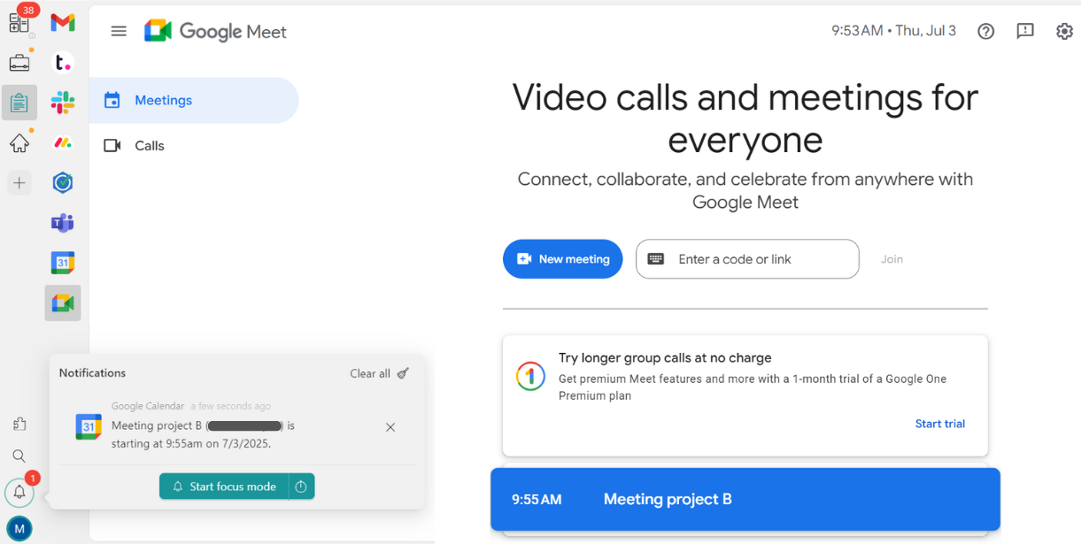 Google Meet notifications on Rambox