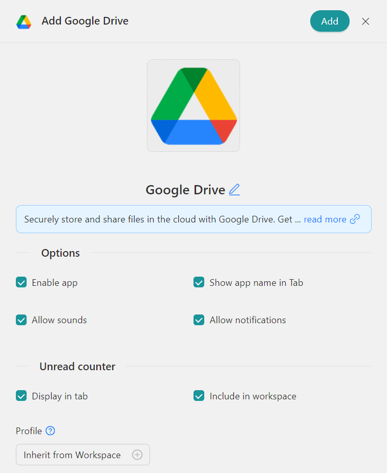 Configure google drive desktop app on Rambox