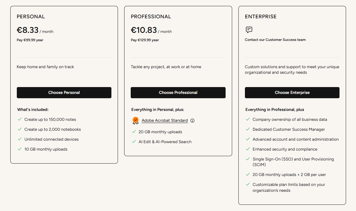 Evernote vs OneNote-Evernote pricing