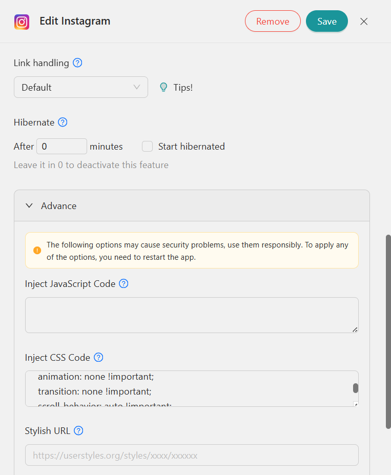inject JavaScript and CSS code - Rambox