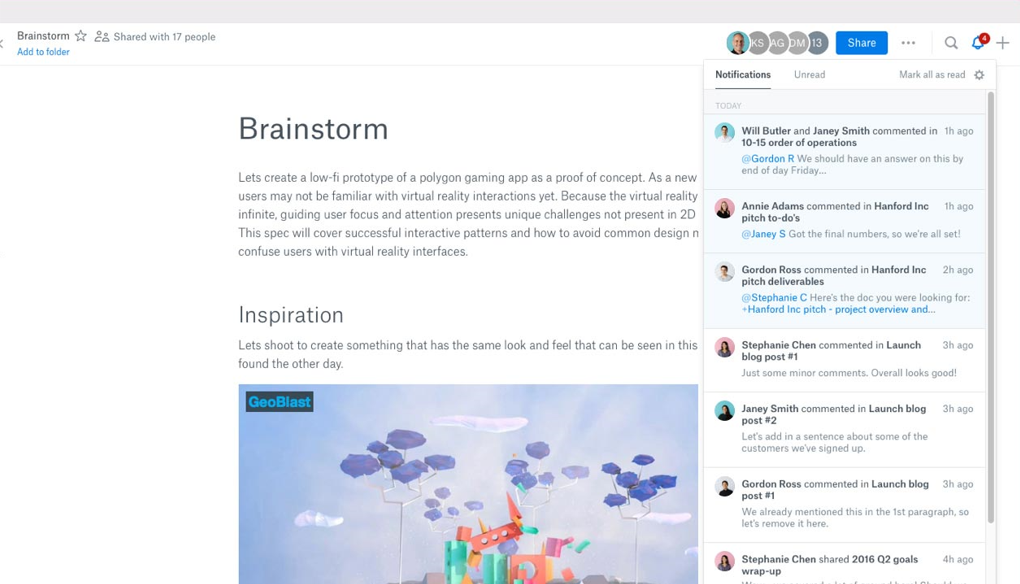 Dropbox paper interface - Evernote alternatives