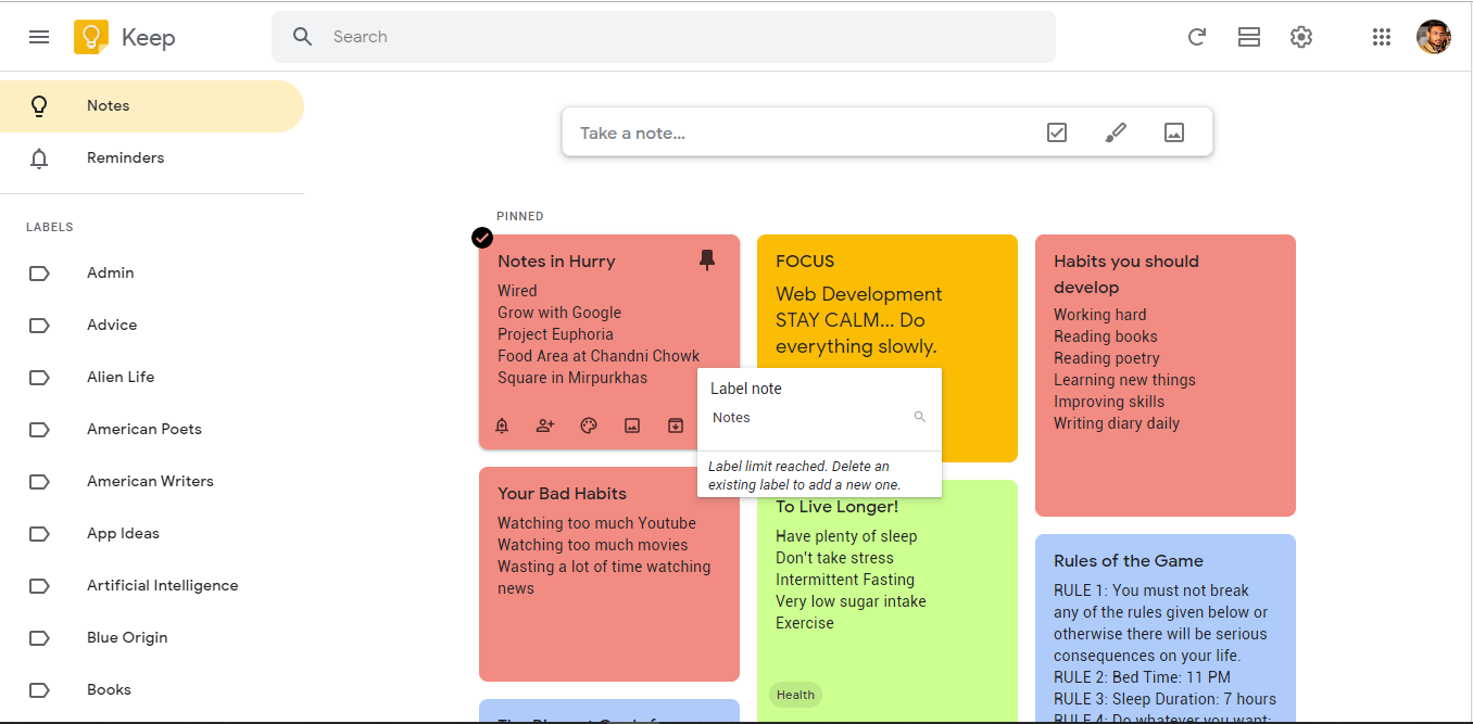Google Keep interface - Evernote alternatives