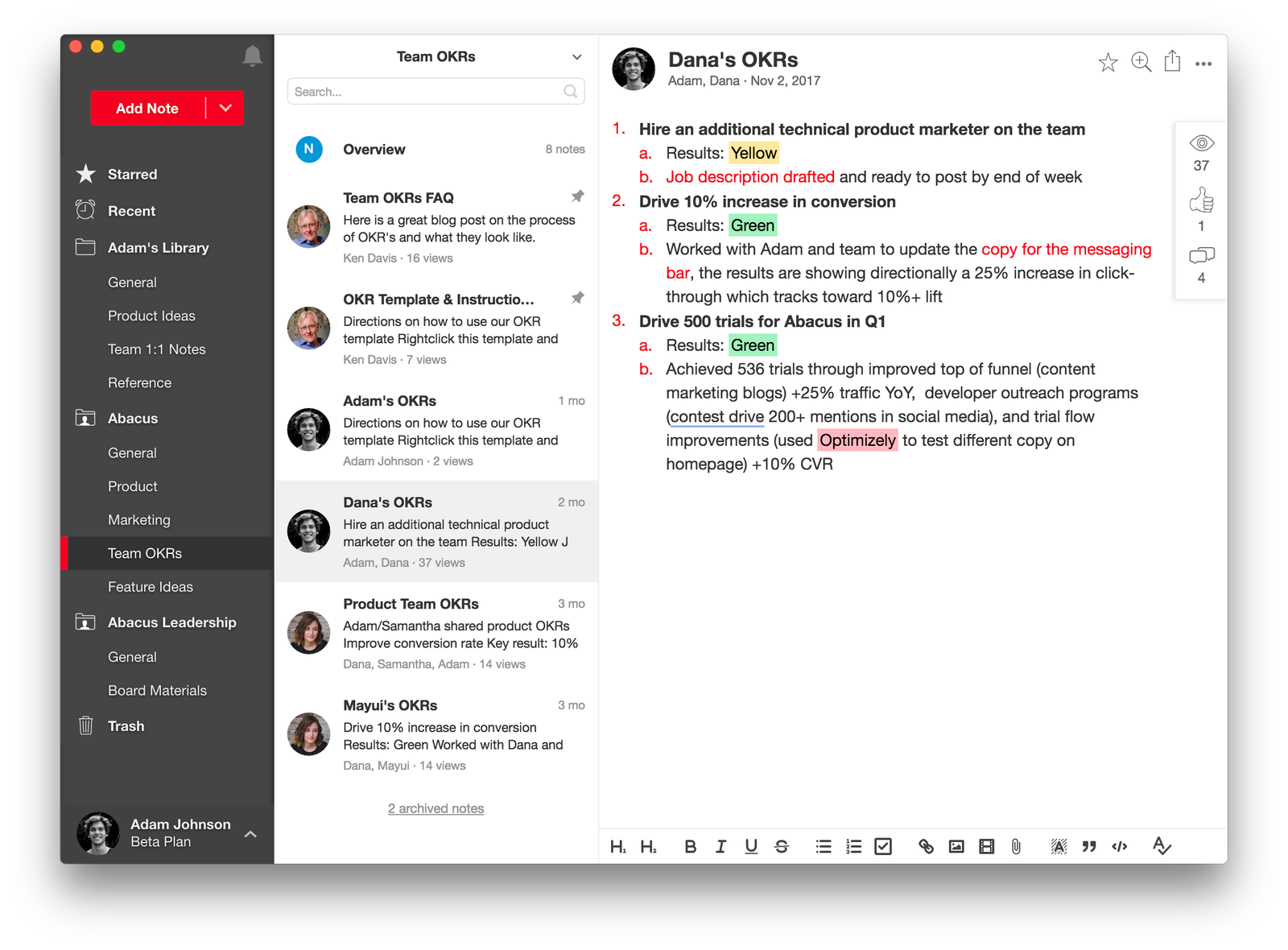 Notejoy interface - Evernote alternatives