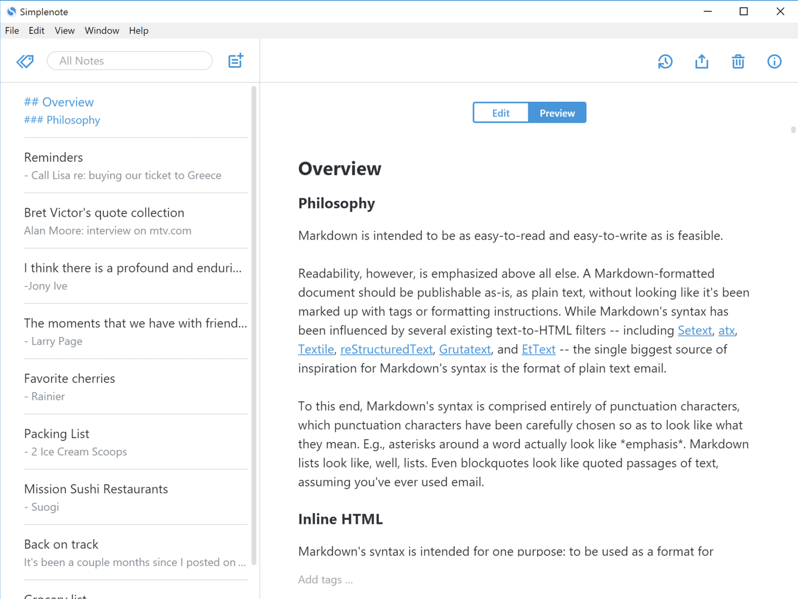 Simplenote interface - Evernote alternatives