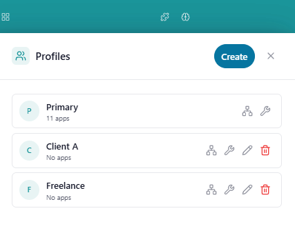 Panel de Perfiles de Rambox 3 para gestionar sesiones independientes de aplicaciones
