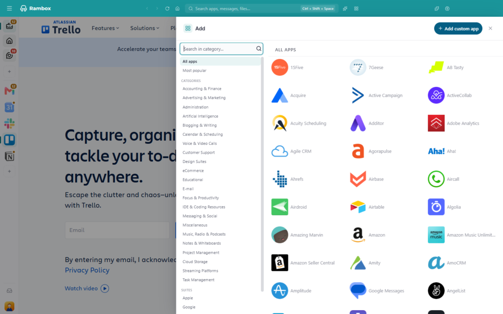Rambox app catalog with search, categories and the Add custom app button