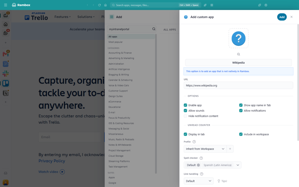 Adding custom apps Rambox 3